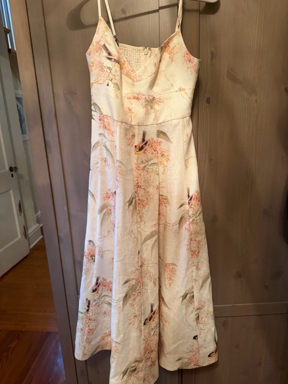 Zimmermann Cream Floral & Peach Bird-Print Spaghetti Strap Dress